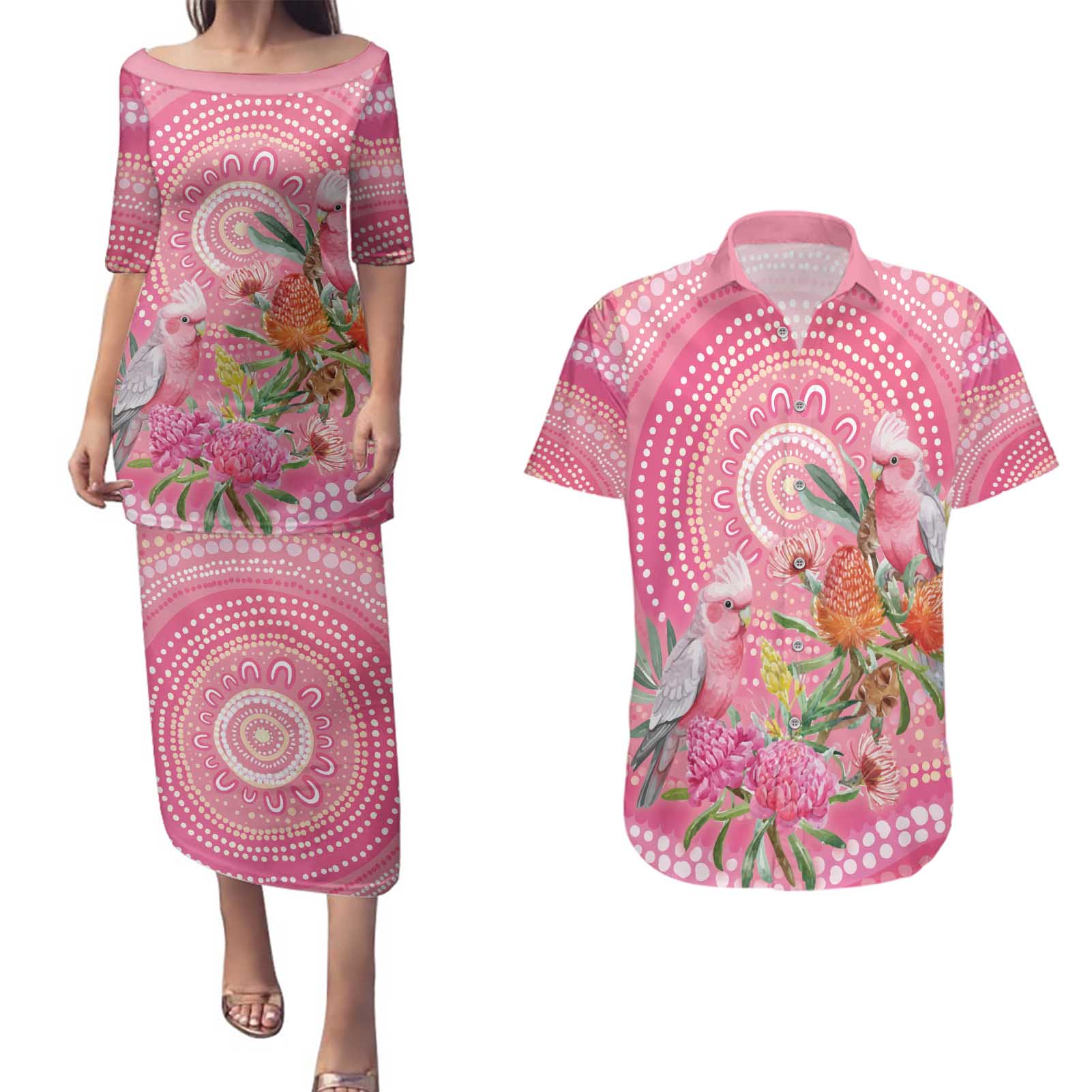 Personalized Pink Galah Aboriginal Dot Art Couples Matching Puletasi and Hawaiian Shirt Australia’s Breast Cancer Awareness - Aussie Hoodie