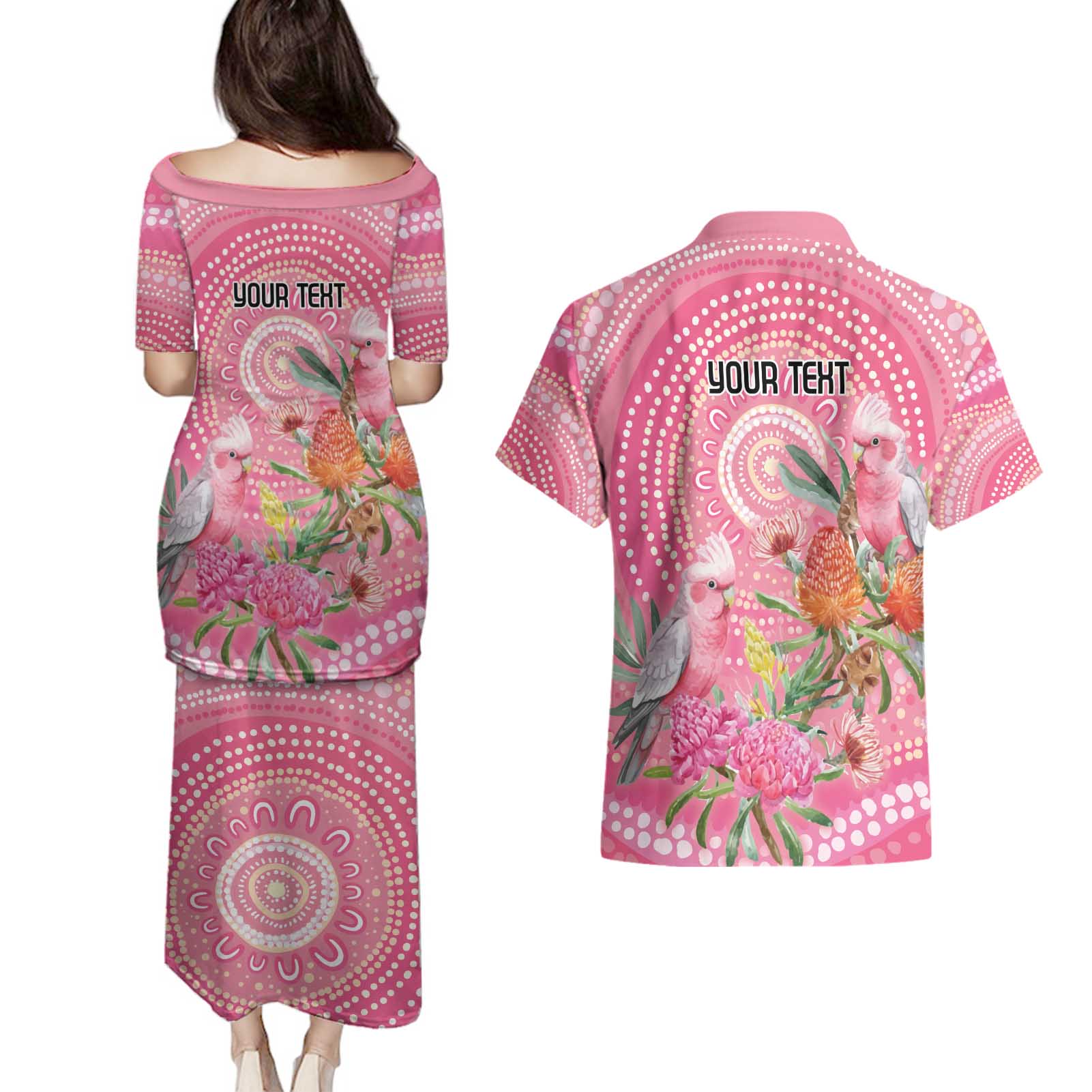 Personalized Pink Galah Aboriginal Dot Art Couples Matching Puletasi and Hawaiian Shirt Australia’s Breast Cancer Awareness - Aussie Hoodie