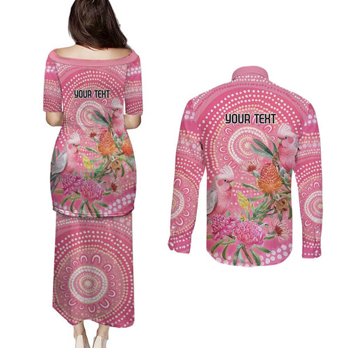 Personalized Pink Galah Aboriginal Dot Art Couples Matching Puletasi and Long Sleeve Button Shirt Australia’s Breast Cancer Awareness - Aussie Hoodie