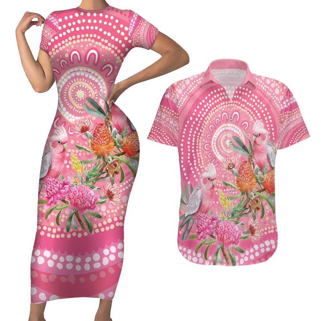 Personalized Pink Galah Aboriginal Dot Art Couples Matching Short Sleeve Bodycon Dress and Hawaiian Shirt Australia’s Breast Cancer Awareness - Aussie Hoodie