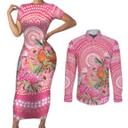 Personalized Pink Galah Aboriginal Dot Art Couples Matching Short Sleeve Bodycon Dress and Long Sleeve Button Shirt Australia’s Breast Cancer Awareness - Aussie Hoodie