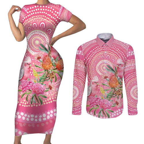 Personalized Pink Galah Aboriginal Dot Art Couples Matching Short Sleeve Bodycon Dress and Long Sleeve Button Shirt Australia’s Breast Cancer Awareness - Aussie Hoodie