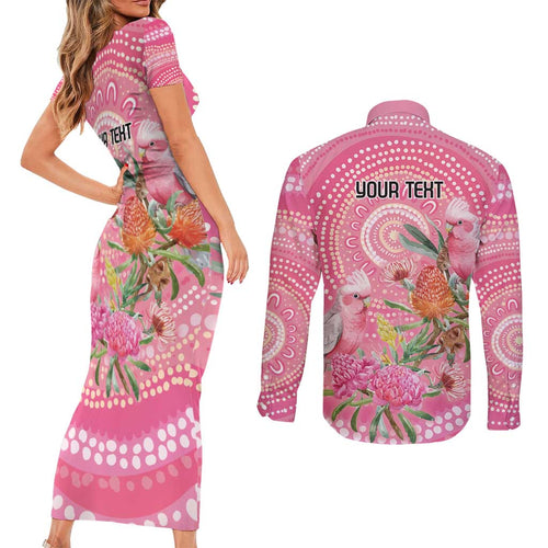 Personalized Pink Galah Aboriginal Dot Art Couples Matching Short Sleeve Bodycon Dress and Long Sleeve Button Shirt Australia’s Breast Cancer Awareness - Aussie Hoodie
