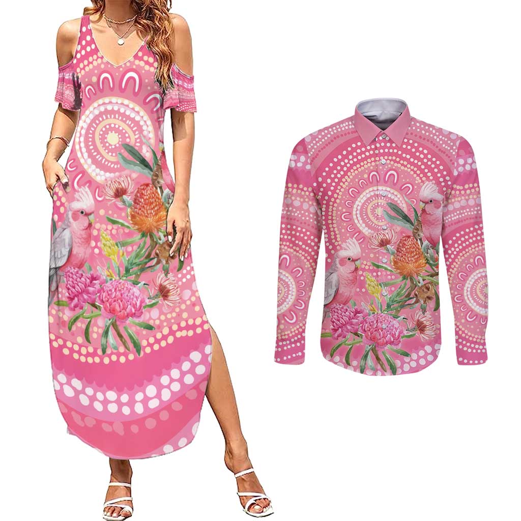 Personalized Pink Galah Aboriginal Dot Art Couples Matching Summer Maxi Dress and Long Sleeve Button Shirt Australia’s Breast Cancer Awareness - Aussie Hoodie