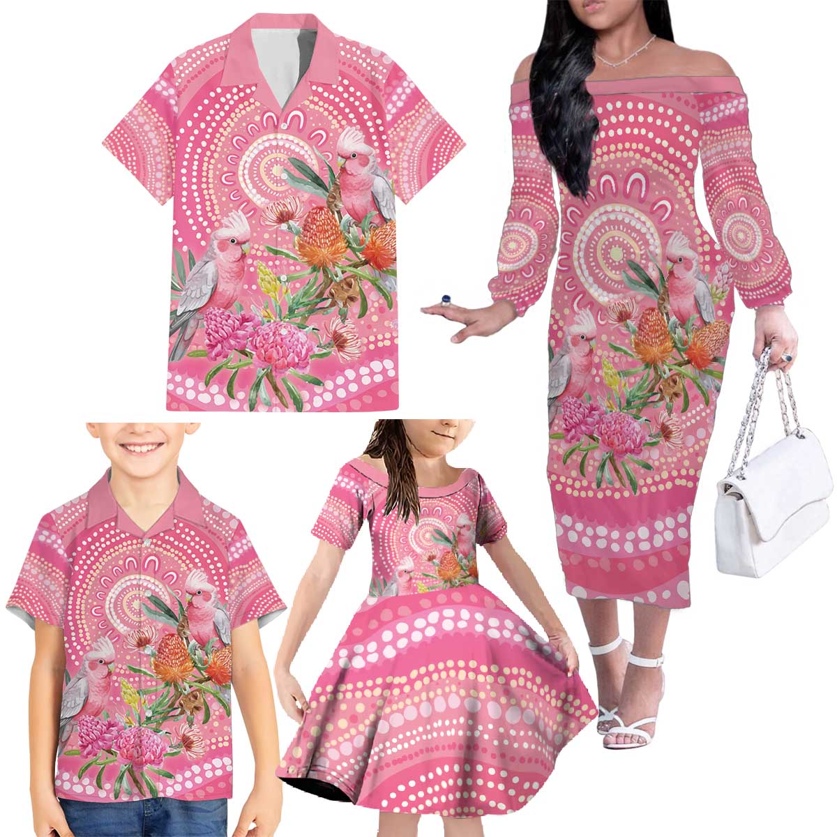 Personalized Pink Galah Aboriginal Dot Art Family Matching Off The Shoulder Long Sleeve Dress and Hawaiian Shirt Australia’s Breast Cancer Awareness - Aussie Hoodie