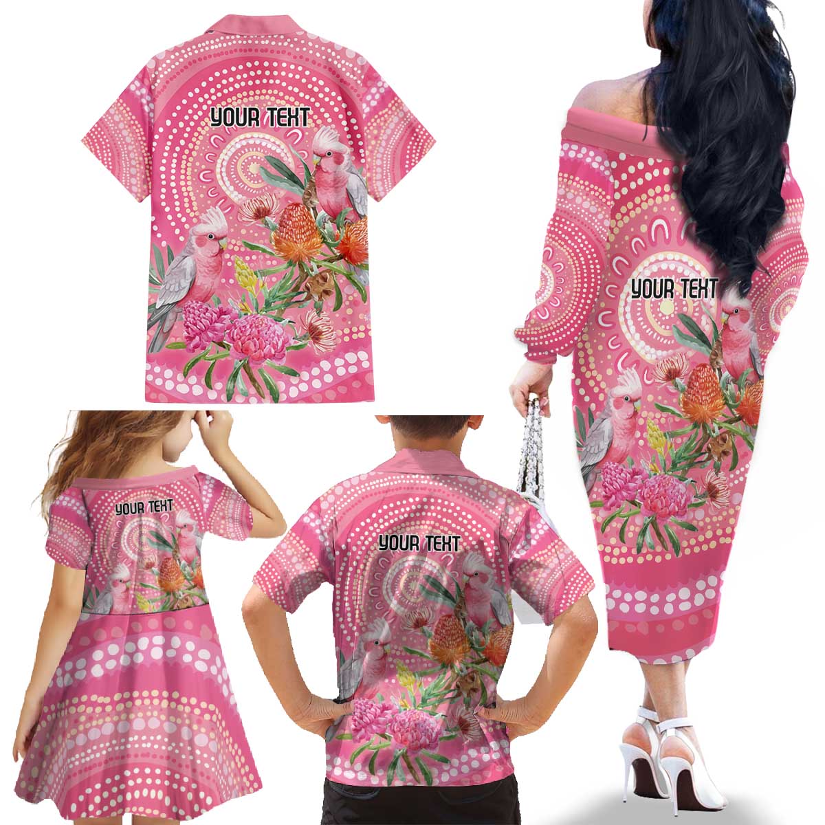 Personalized Pink Galah Aboriginal Dot Art Family Matching Off The Shoulder Long Sleeve Dress and Hawaiian Shirt Australia’s Breast Cancer Awareness - Aussie Hoodie