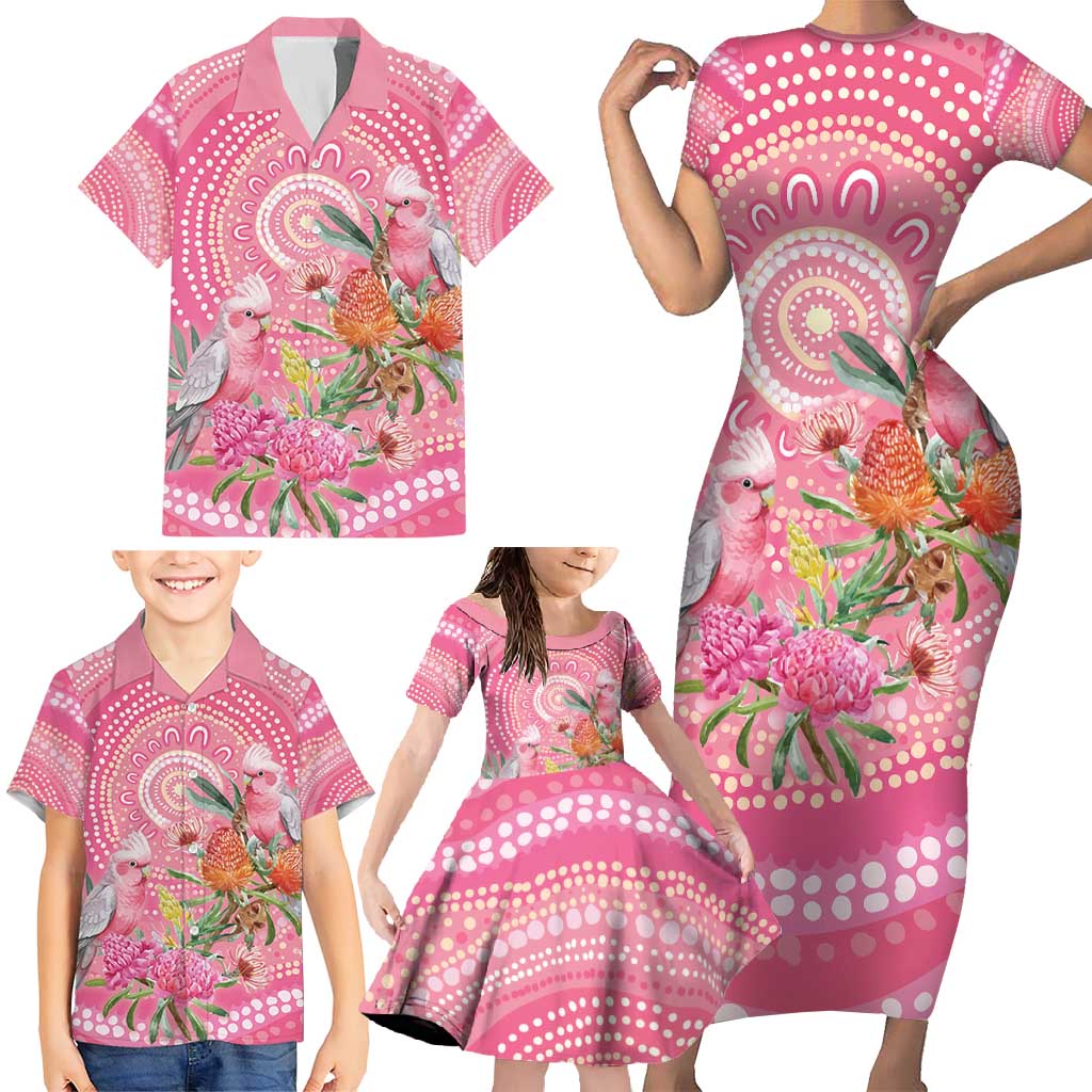 Personalized Pink Galah Aboriginal Dot Art Family Matching Short Sleeve Bodycon Dress and Hawaiian Shirt Australia’s Breast Cancer Awareness - Aussie Hoodie