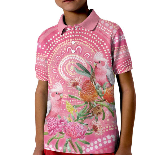 Personalized Pink Galah Aboriginal Dot Art Kid Polo Shirt Australia’s Breast Cancer Awareness - Aussie Hoodie