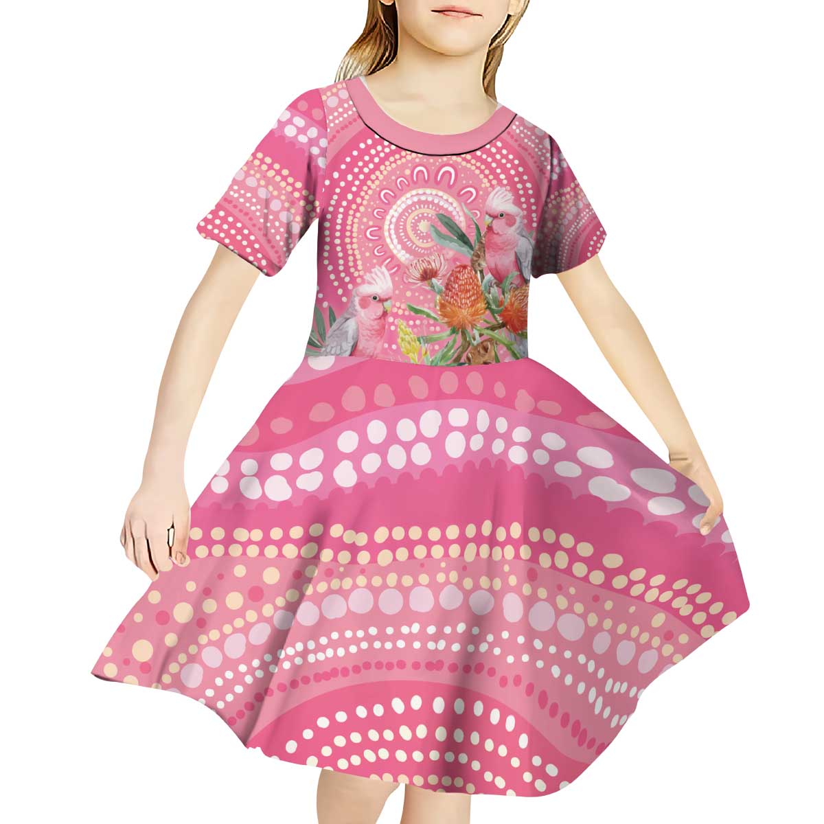 Personalized Pink Galah Aboriginal Dot Art Kid Short Sleeve Dress Australia’s Breast Cancer Awareness - Aussie Hoodie
