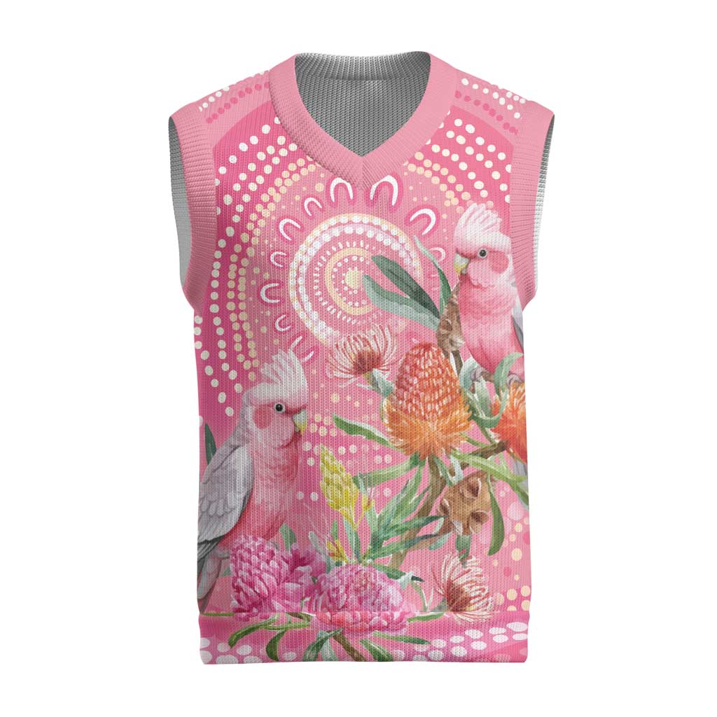 Personalized Pink Galah Aboriginal Dot Art Christmas Knitted V-Neck Vest Australia’s Breast Cancer Awareness - Aussie Hoodie