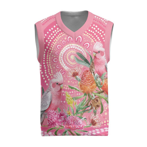 Personalized Pink Galah Aboriginal Dot Art Christmas Knitted V-Neck Vest Australia’s Breast Cancer Awareness - Aussie Hoodie