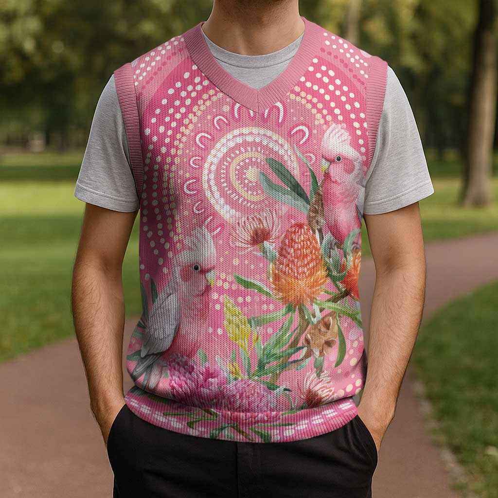 Personalized Pink Galah Aboriginal Dot Art Christmas Knitted V-Neck Vest Australia’s Breast Cancer Awareness - Aussie Hoodie
