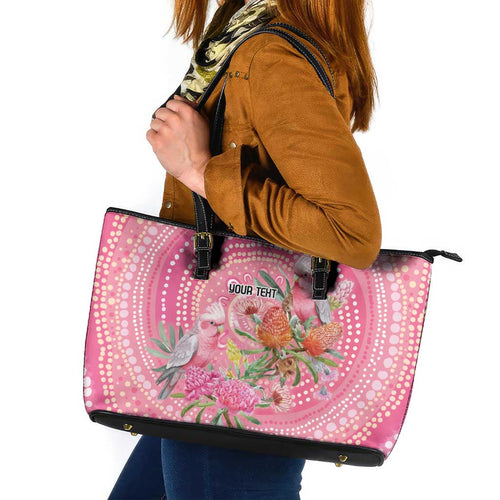 Personalized Pink Galah Aboriginal Dot Art Leather Tote Bag Australia’s Breast Cancer Awareness - Aussie Hoodie