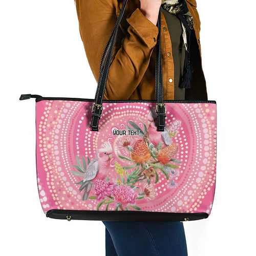 Personalized Pink Galah Aboriginal Dot Art Leather Tote Bag Australia’s Breast Cancer Awareness - Aussie Hoodie