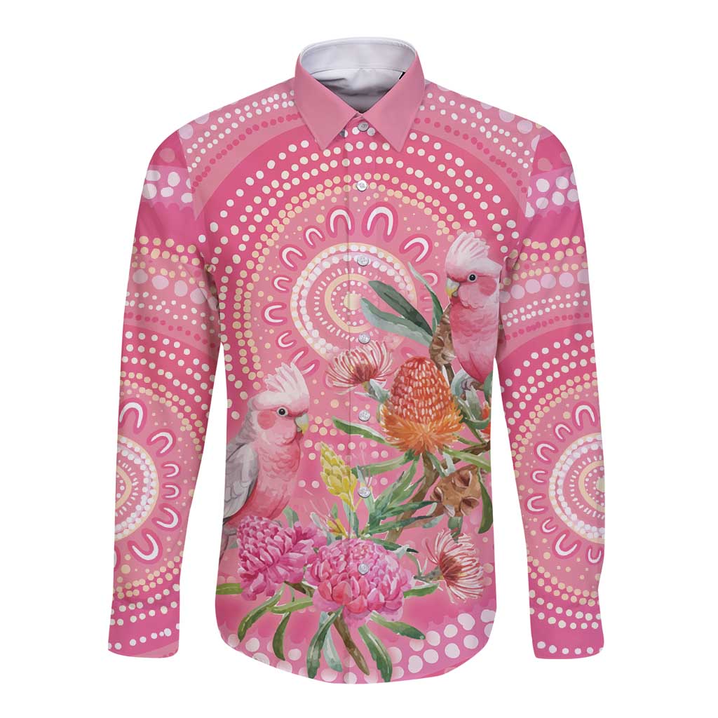 Personalized Pink Galah Aboriginal Dot Art Long Sleeve Button Shirt Australia’s Breast Cancer Awareness - Aussie Hoodie