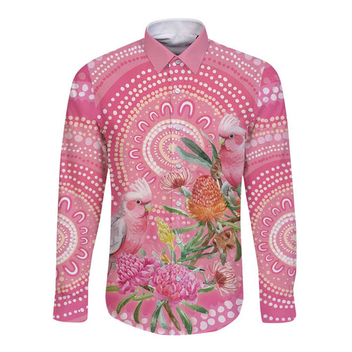 Personalized Pink Galah Aboriginal Dot Art Long Sleeve Button Shirt Australia’s Breast Cancer Awareness - Aussie Hoodie