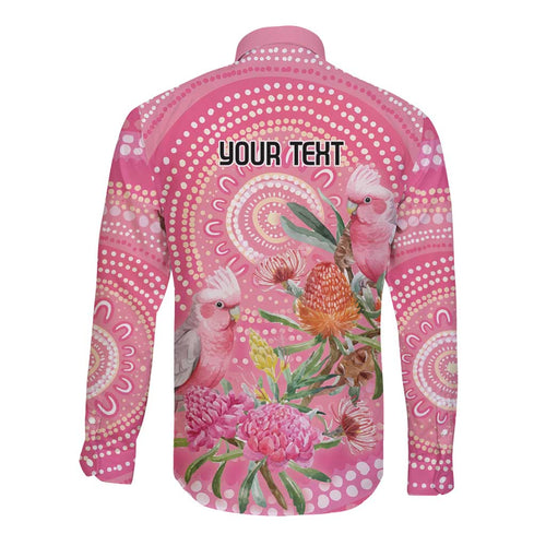 Personalized Pink Galah Aboriginal Dot Art Long Sleeve Button Shirt Australia’s Breast Cancer Awareness - Aussie Hoodie