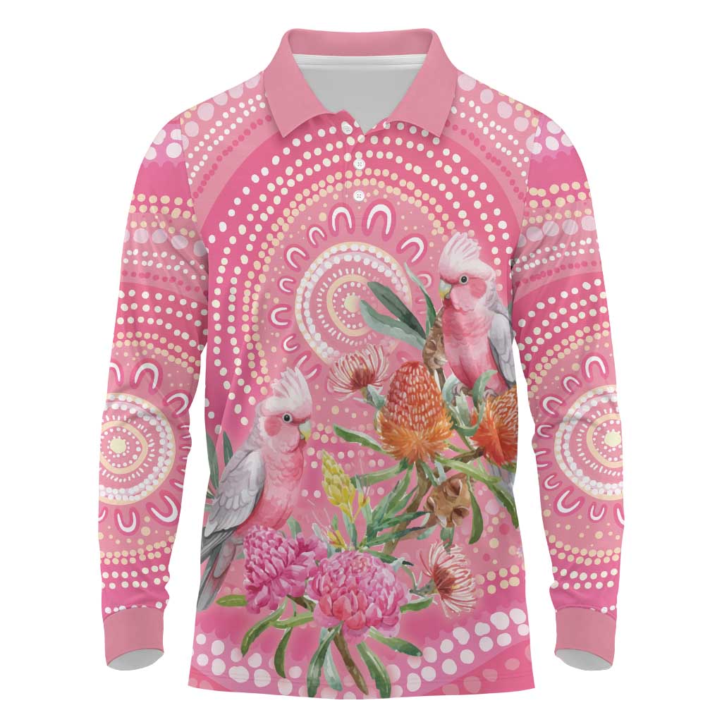 Personalized Pink Galah Aboriginal Dot Art Long Sleeve Polo Shirt Australia’s Breast Cancer Awareness - Aussie Hoodie