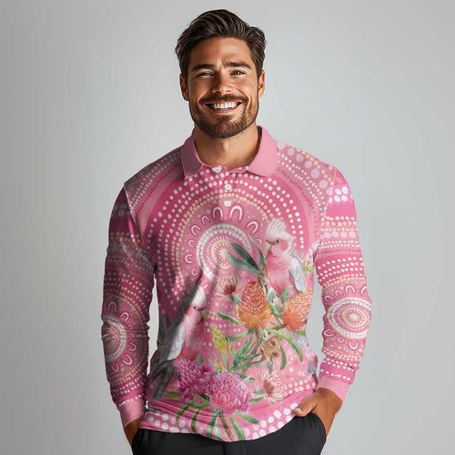 Personalized Pink Galah Aboriginal Dot Art Long Sleeve Polo Shirt Australia’s Breast Cancer Awareness - Aussie Hoodie