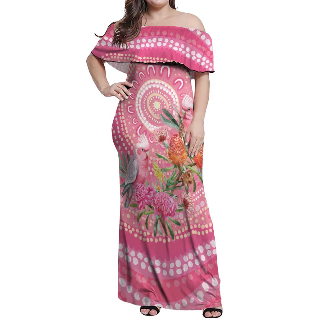 Personalized Pink Galah Aboriginal Dot Art Off Shoulder Maxi Dress Australia’s Breast Cancer Awareness - Aussie Hoodie