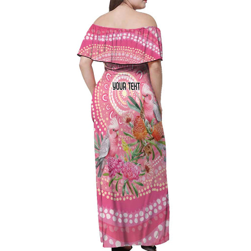 Personalized Pink Galah Aboriginal Dot Art Off Shoulder Maxi Dress Australia’s Breast Cancer Awareness - Aussie Hoodie