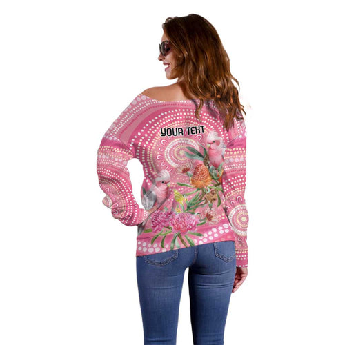 Personalized Pink Galah Aboriginal Dot Art Off Shoulder Sweater Australia’s Breast Cancer Awareness - Aussie Hoodie