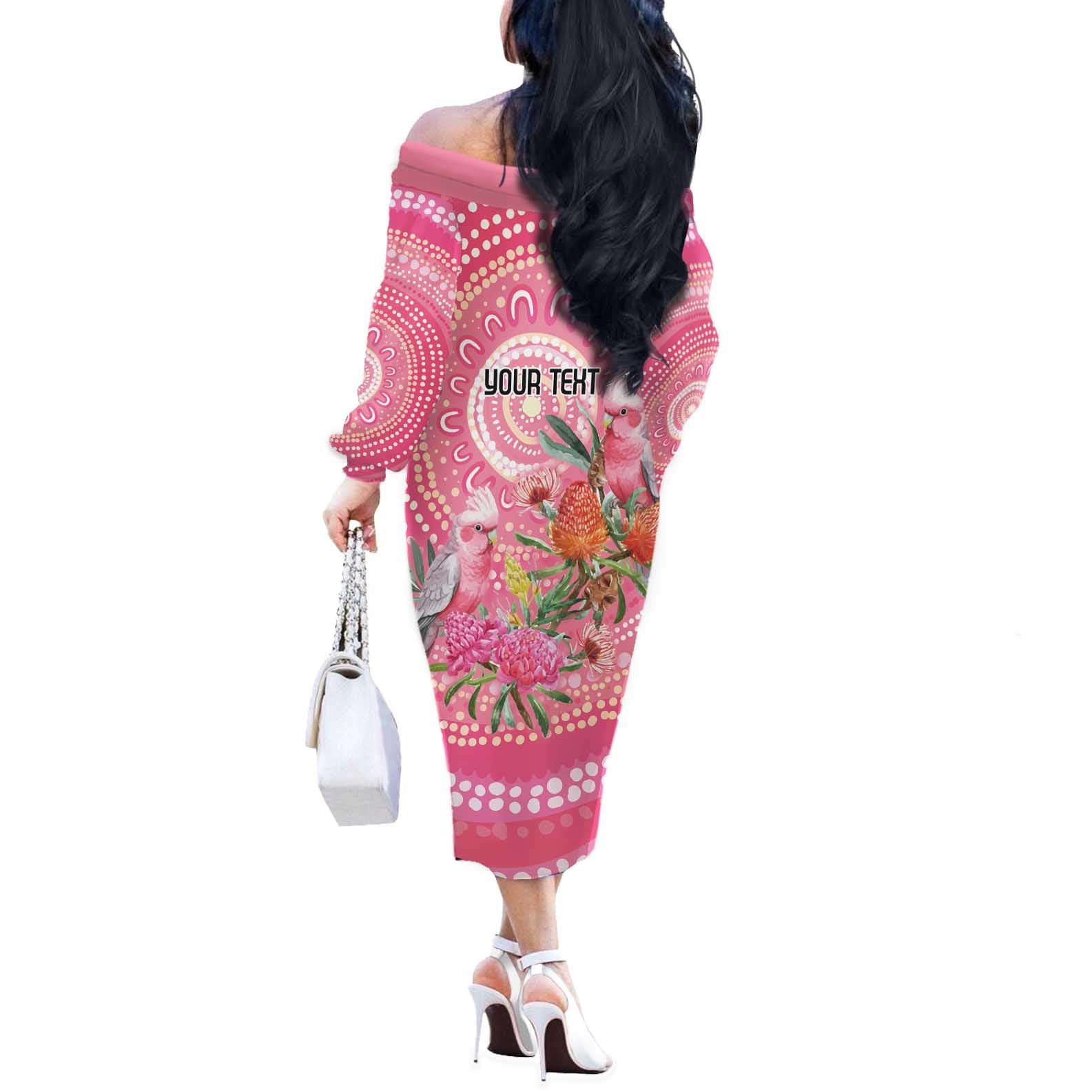 Personalized Pink Galah Aboriginal Dot Art Off The Shoulder Long Sleeve Dress Australia’s Breast Cancer Awareness - Aussie Hoodie