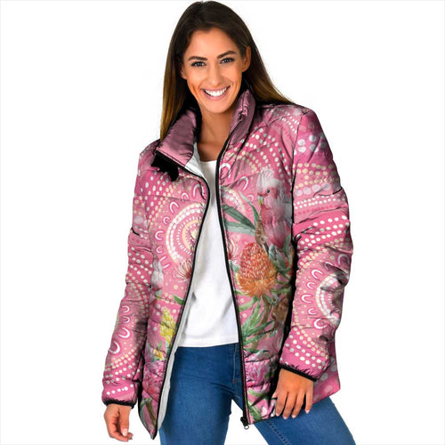 Personalized Pink Galah Aboriginal Dot Art Padded Jacket Australia’s Breast Cancer Awareness - Aussie Hoodie