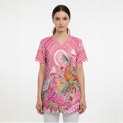 Personalized Pink Galah Aboriginal Dot Art Scrub Top Australia’s Breast Cancer Awareness - Aussie Hoodie