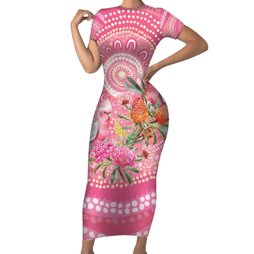 Personalized Pink Galah Aboriginal Dot Art Short Sleeve Bodycon Dress Australia’s Breast Cancer Awareness - Aussie Hoodie