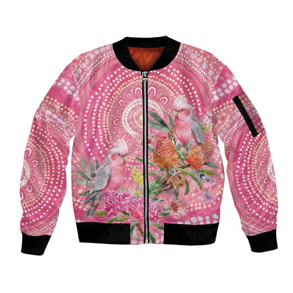 Personalized Pink Galah Aboriginal Dot Art Sleeve Zip Bomber Jacket Australia’s Breast Cancer Awareness - Aussie Hoodie