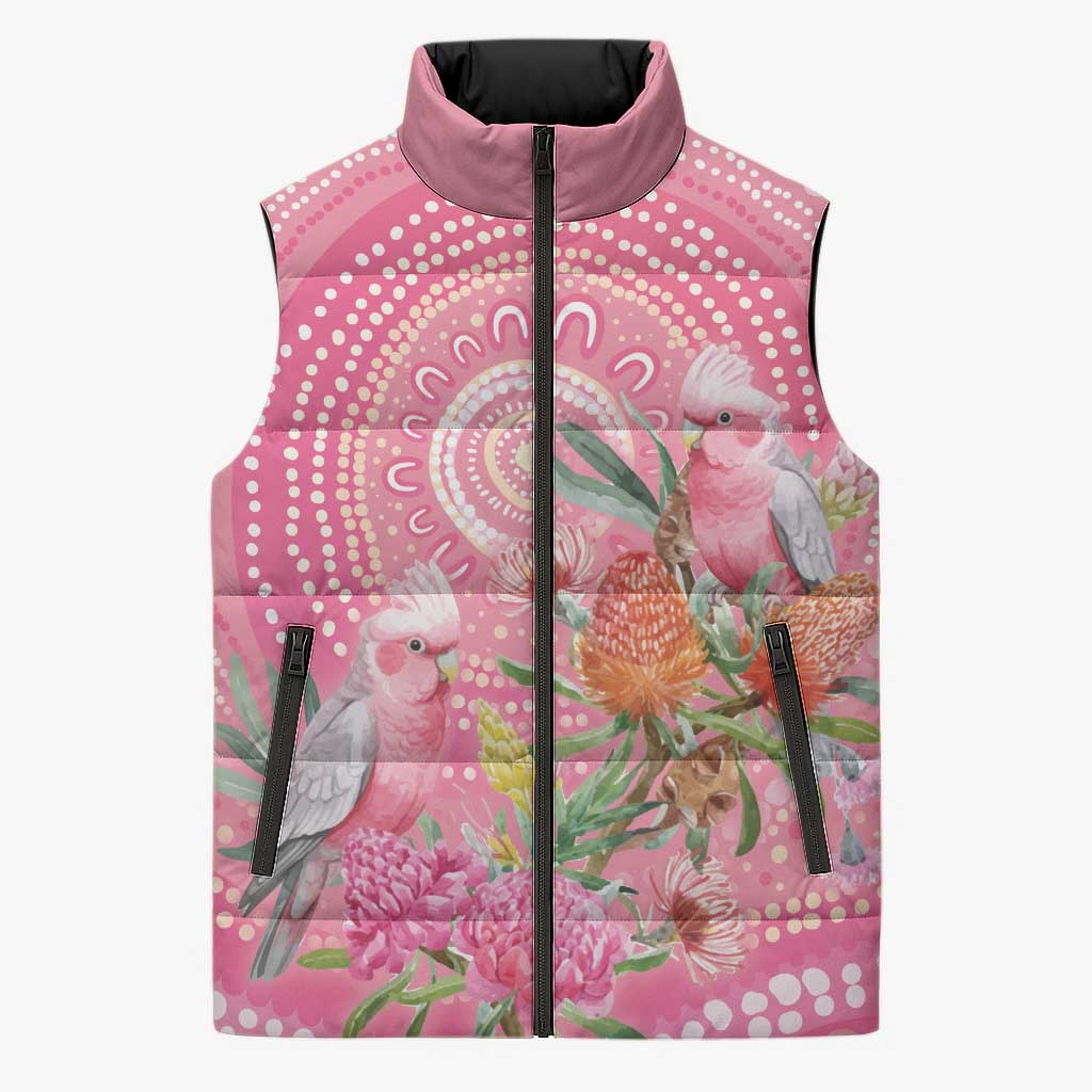 Personalized Pink Galah Aboriginal Dot Art Sleeveless Puffer Jacket Australia’s Breast Cancer Awareness - Aussie Hoodie