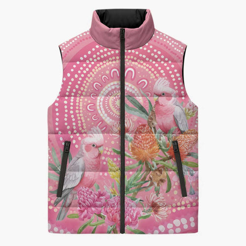 Personalized Pink Galah Aboriginal Dot Art Sleeveless Puffer Jacket Australia’s Breast Cancer Awareness - Aussie Hoodie
