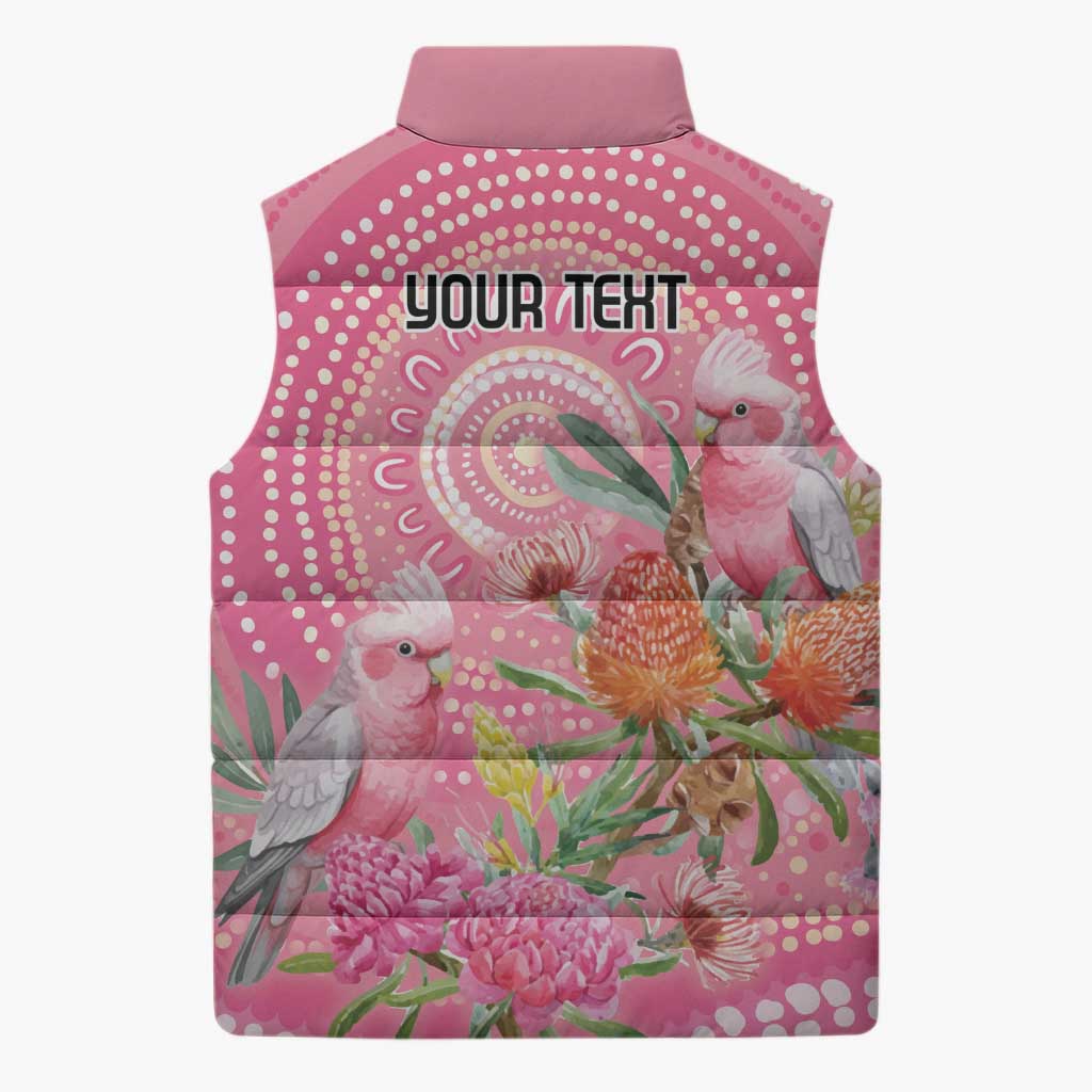 Personalized Pink Galah Aboriginal Dot Art Sleeveless Puffer Jacket Australia’s Breast Cancer Awareness - Aussie Hoodie