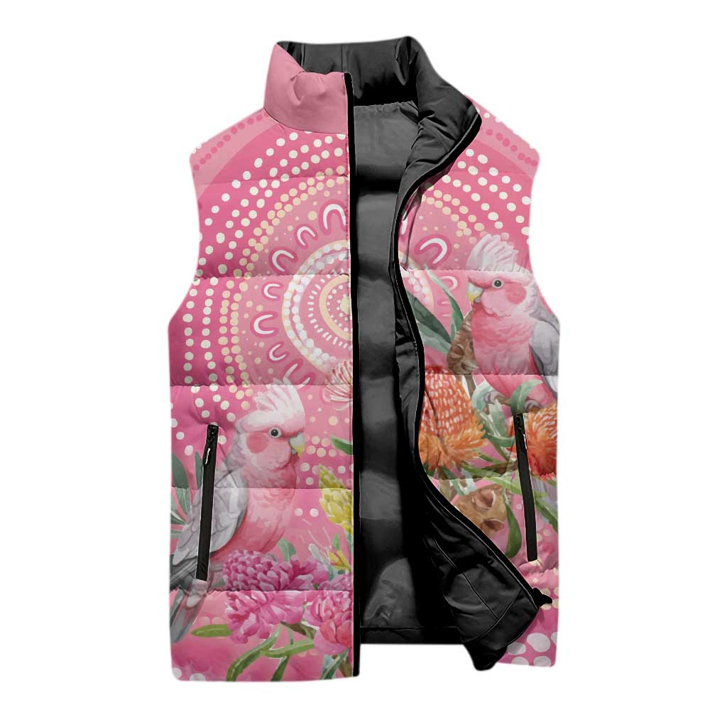 Personalized Pink Galah Aboriginal Dot Art Sleeveless Puffer Jacket Australia’s Breast Cancer Awareness - Aussie Hoodie
