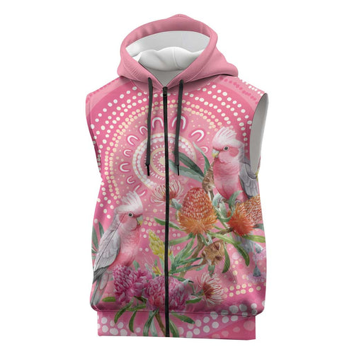 Personalized Pink Galah Aboriginal Dot Art Sleeveless Zip Hoodie Australias Breast Cancer Awareness LT9