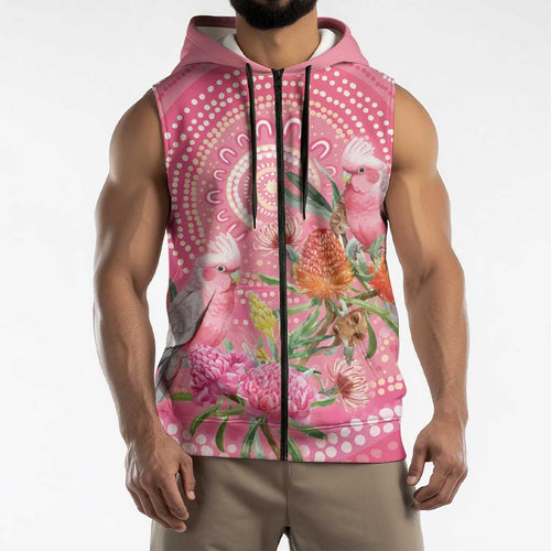 Personalized Pink Galah Aboriginal Dot Art Sleeveless Zip Hoodie Australias Breast Cancer Awareness LT9