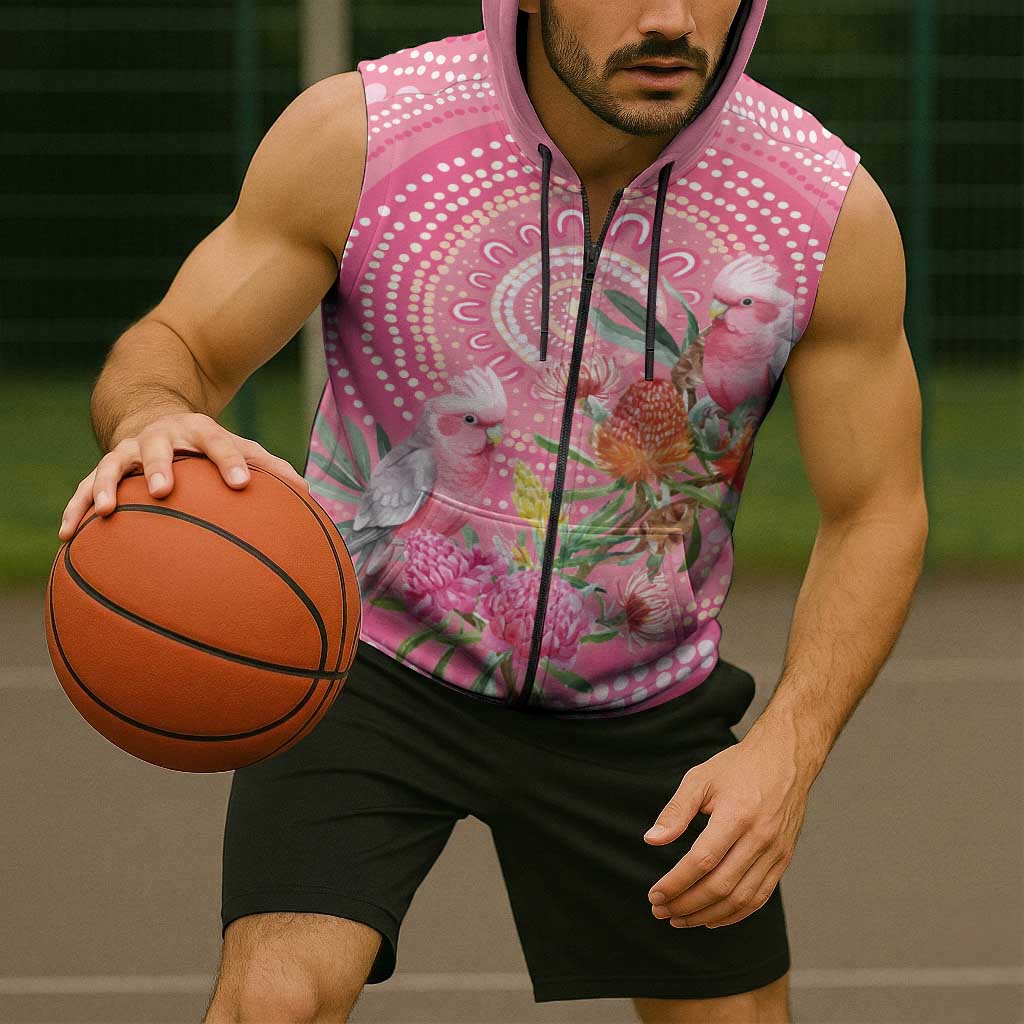 Personalized Pink Galah Aboriginal Dot Art Sleeveless Zip Hoodie Australias Breast Cancer Awareness LT9