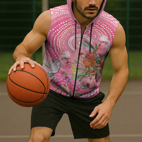 Personalized Pink Galah Aboriginal Dot Art Sleeveless Zip Hoodie Australias Breast Cancer Awareness LT9