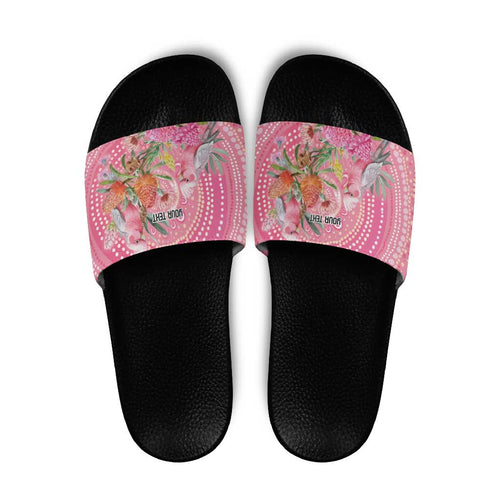 Personalized Pink Galah Aboriginal Dot Art Slide Sandals Australia’s Breast Cancer Awareness - Aussie Hoodie