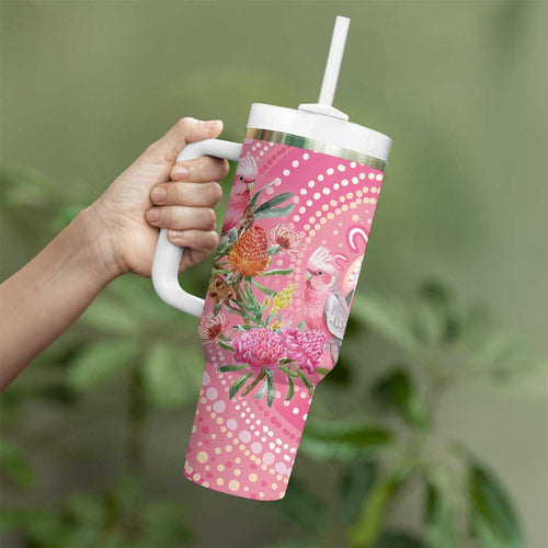 Personalized Pink Galah Aboriginal Dot Art Tumbler With Handle Australia’s Breast Cancer Awareness - Aussie Hoodie