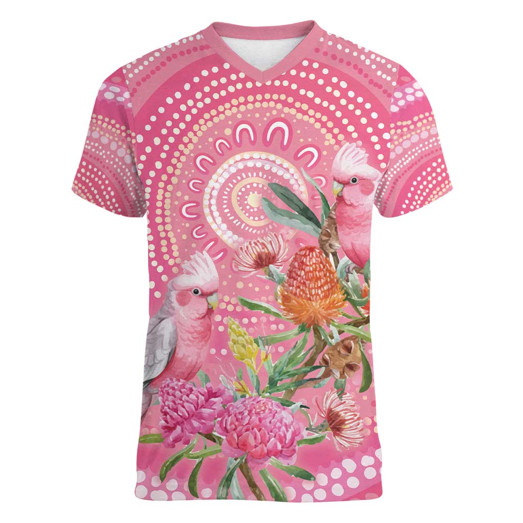 Personalized Pink Galah Aboriginal Dot Art Women V-Neck T-Shirt Australia’s Breast Cancer Awareness - Aussie Hoodie