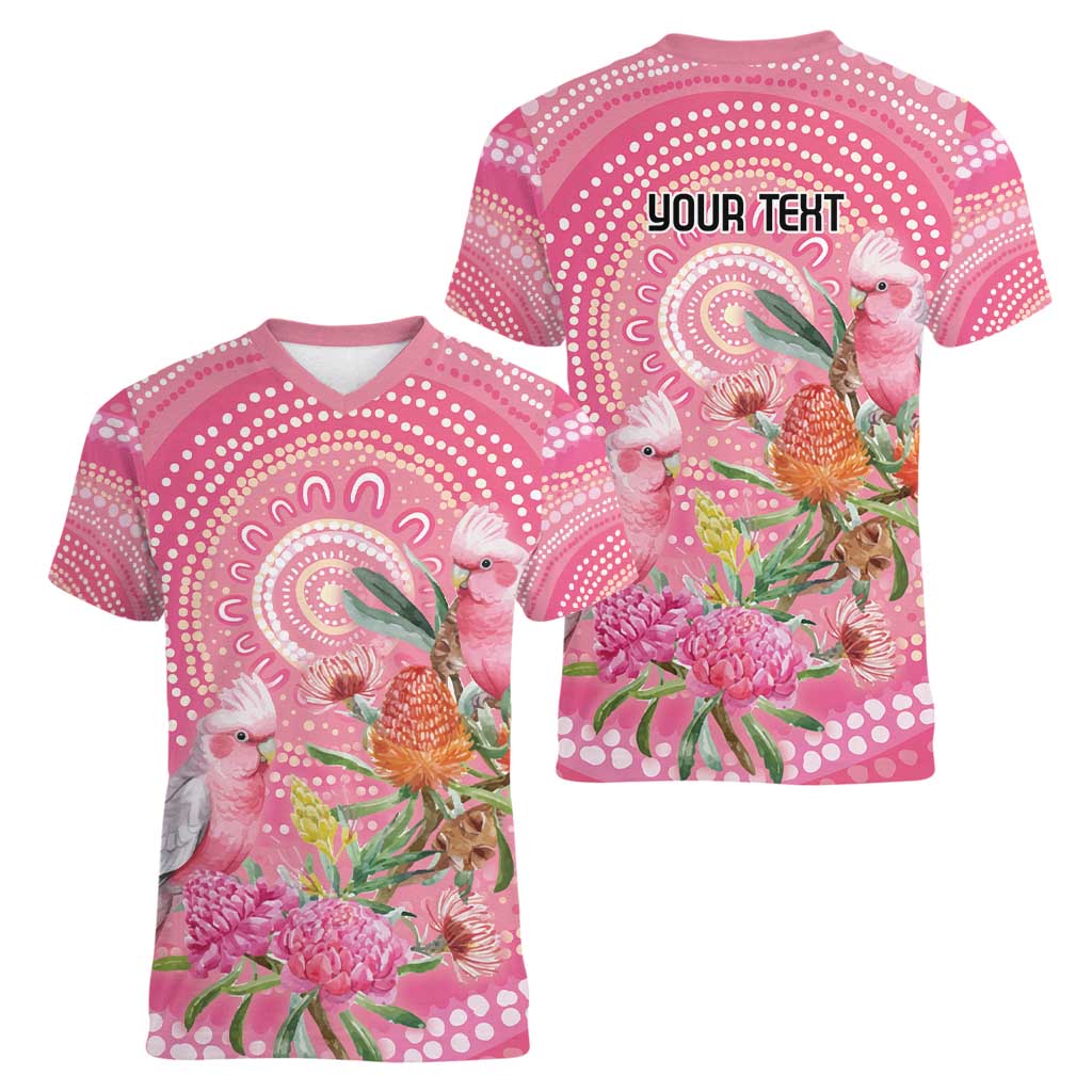 Personalized Pink Galah Aboriginal Dot Art Women V-Neck T-Shirt Australia’s Breast Cancer Awareness - Aussie Hoodie