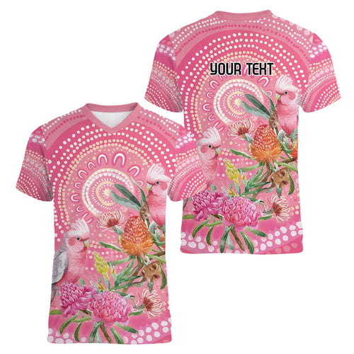 Personalized Pink Galah Aboriginal Dot Art Women V-Neck T-Shirt Australia’s Breast Cancer Awareness - Aussie Hoodie
