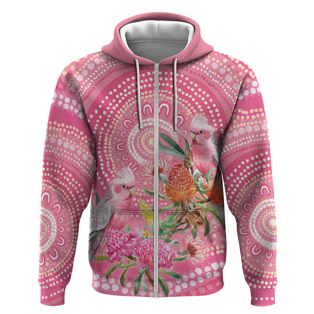 Personalized Pink Galah Aboriginal Dot Art Zip Hoodie Australia’s Breast Cancer Awareness - Aussie Hoodie