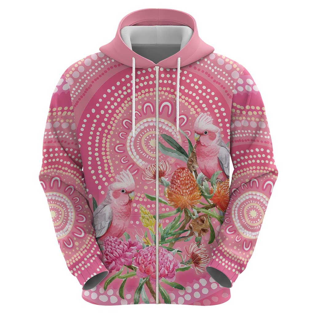 Personalized Pink Galah Aboriginal Dot Art Zip Hoodie Australia’s Breast Cancer Awareness - Aussie Hoodie