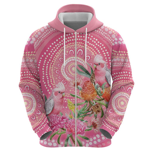 Personalized Pink Galah Aboriginal Dot Art Zip Hoodie Australia’s Breast Cancer Awareness - Aussie Hoodie