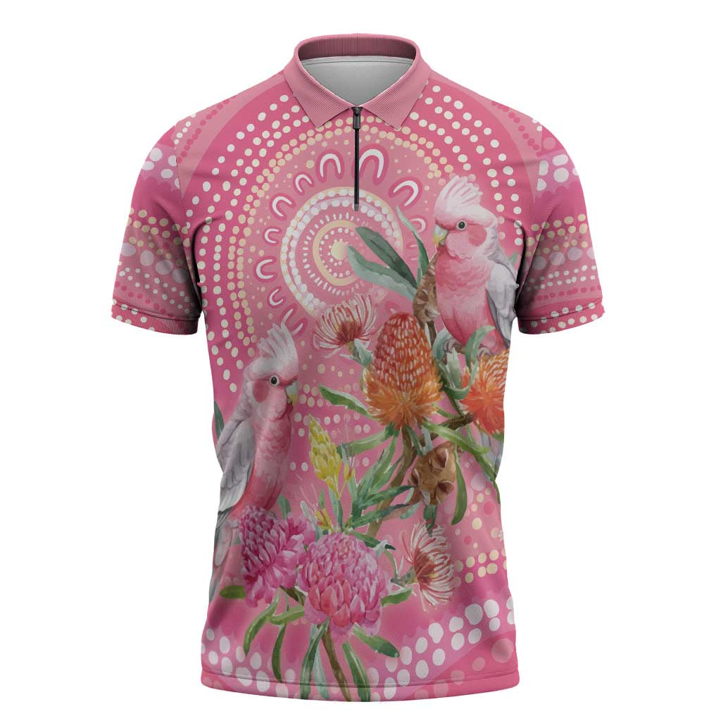 Personalized Pink Galah Aboriginal Dot Art Zipper Polo Shirt Australia’s Breast Cancer Awareness - Aussie Hoodie