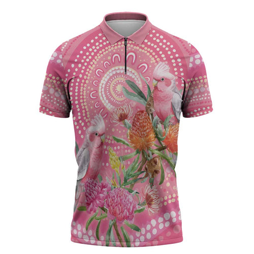 Personalized Pink Galah Aboriginal Dot Art Zipper Polo Shirt Australia’s Breast Cancer Awareness - Aussie Hoodie