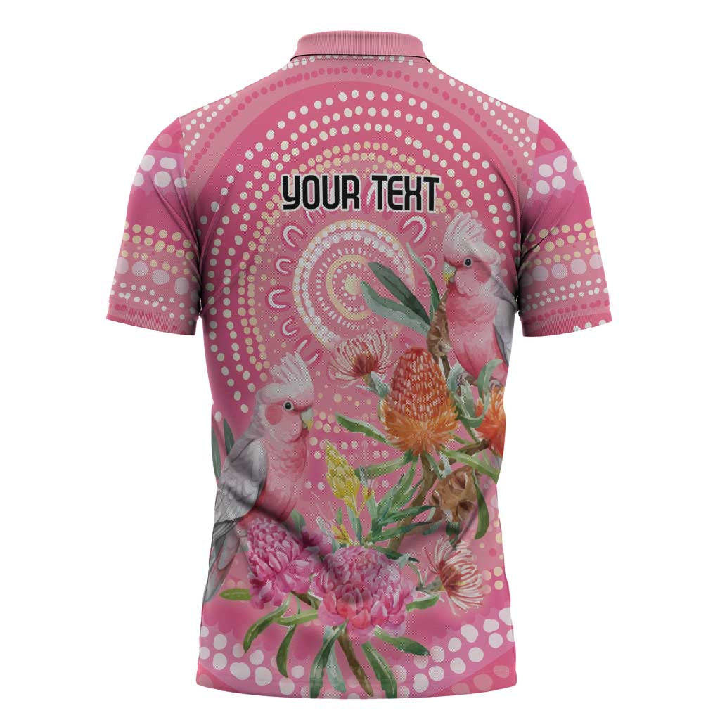 Personalized Pink Galah Aboriginal Dot Art Zipper Polo Shirt Australia’s Breast Cancer Awareness - Aussie Hoodie